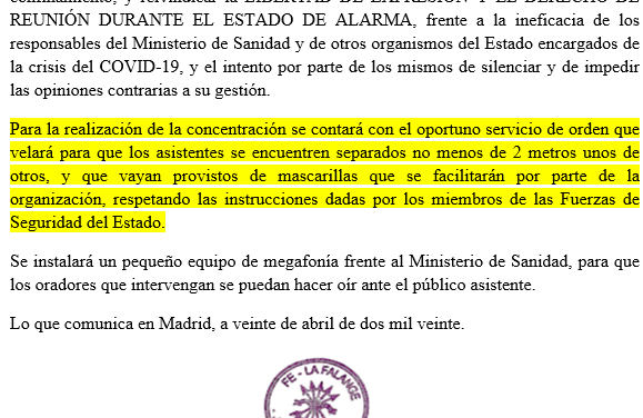 Nota de prensa de La Falange ante el acto del 2 de Mayo